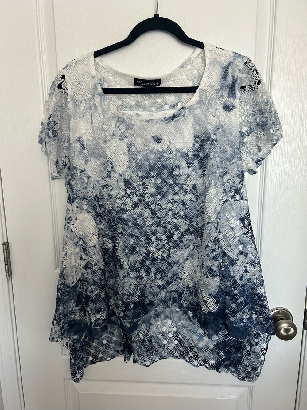 Creations Navy and White Lace Short Sleeve Blouse